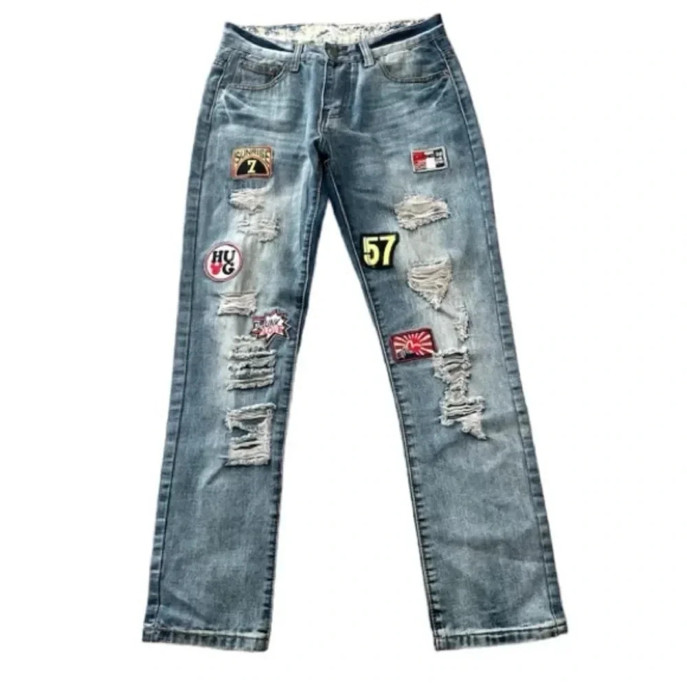 SoSoo Men's Distressed Patchwork Medium Wash Denim Jeans Size 31 GUC